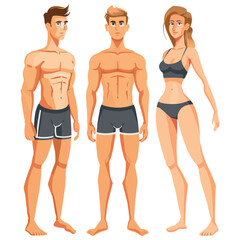 Human body Male and Female, Human body Male and Female, Anatomy - Man and Woman. Illustration showing a man and woman body standing without a shirt and wearing in a white background. 