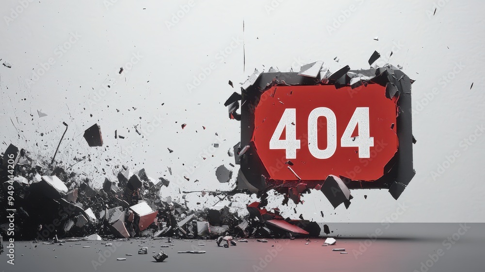 Poster Dynamic image of a red 404 error sign exploding into scattered debris, symbolizing a web page not found or broken link.
