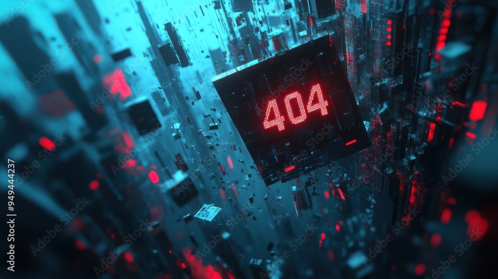 Poster Futuristic depiction of a 404 error message within a digital, neon-lit cyber cityscape, symbolizing lost data or network failure.
