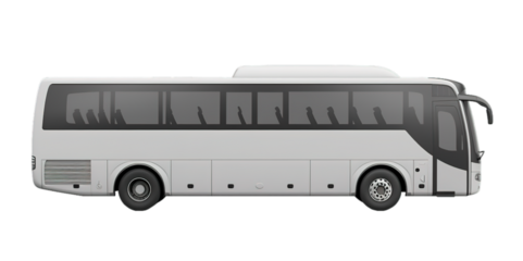 Side view of white bus with tinted windows on transparent background