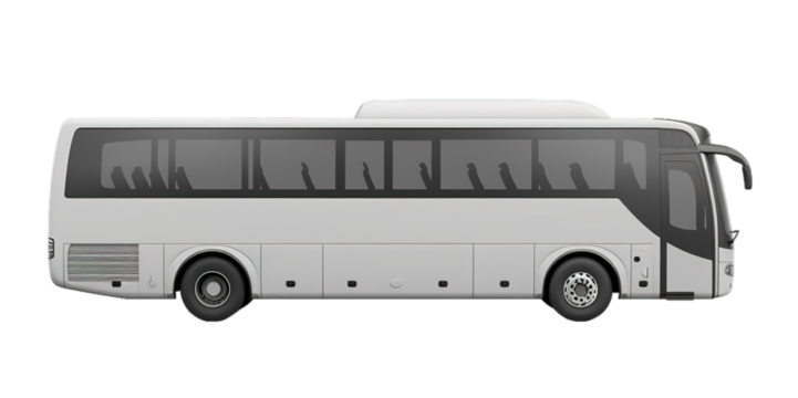 Side view of white bus with tinted windows on transparent background
