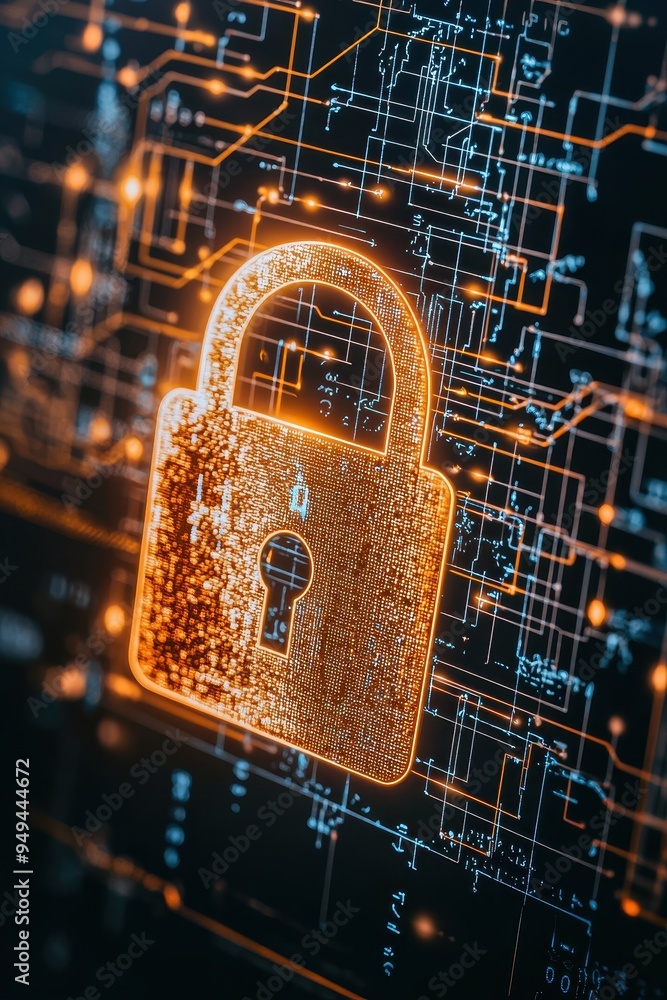 Poster digital cyber security lock on abstract circuit board background