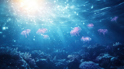Fototapeta premium Bioluminescent Jellyfish Swimming in the Ocean.