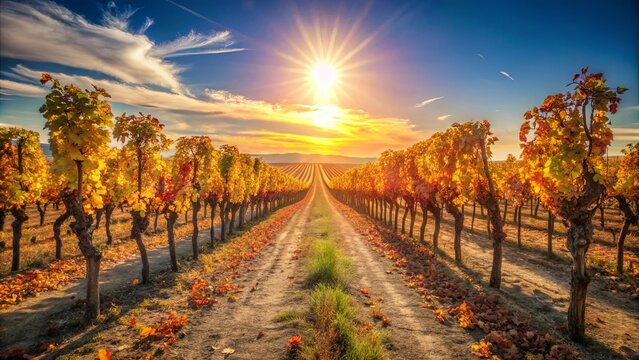 Warm glow on dry vineyard rows of parched grapevines under blue sky