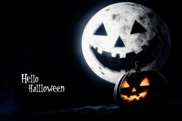 Hello halloween Pumpkin Out Of A Graveyard cemetery dark Night full moon . Holiday event halloween banner background concept.