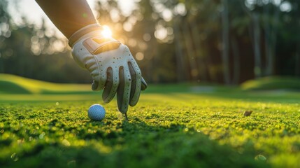 A person wearing a white glove is putting a golf ball into a hole