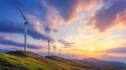 Obraz premium Wind Turbines at Sunset in the Mountains.