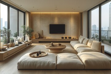 A large living room with a white couch and a black television
