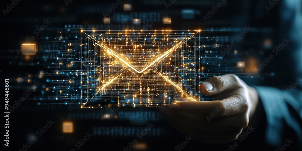 Poster digital envelope in hand network communication data transfer digital mail email icon technology cybe