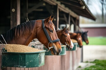 Robotic feeder system in a horse stable providing grain to horses. Operator adjusting the feeding settings, Generative AI