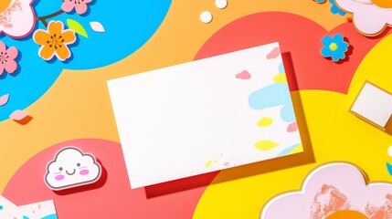 Blank Notecard with Spring-Themed Decorations on Colorful Background