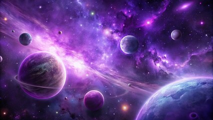 Naklejka premium Purple galactic wallpaper featuring planets and stars in a surreal galaxy