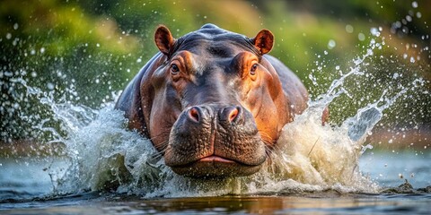 Fototapeta premium Close up of a powerful hippopotamus splashing in water, symbolizing wildness and strength