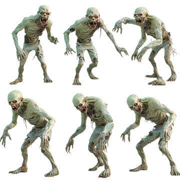 Collection of six realistic zombie figures in various terrifying poses, perfect for horror and Halloween themes.