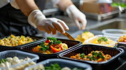 A chef is preparing food in a kitchen with several trays of food