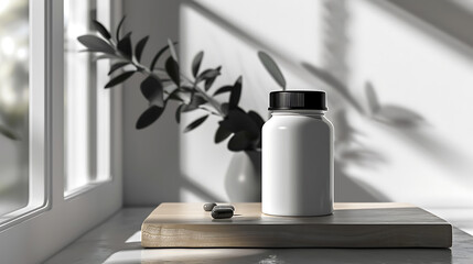 A white pill bottle with black lid sits on a wooden surface with two pills next to it. The bottle and pills are in focus, while the background is blurred.