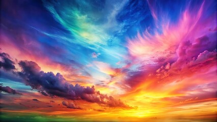 Fototapeta premium Abstract sunset sky with vibrant rainbow colors of pink, green, blue, yellow, and purple in watercolor style
