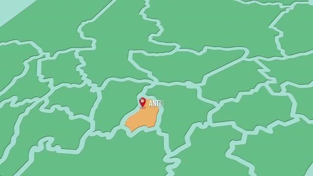 Mapa de Guatemala con divisi&oacute;n pol&iacute;tica resaltando el estado de Sacatep&eacute;quez con la capital de Antigua Guatemala. 