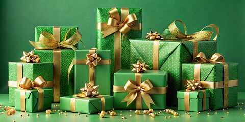 A festive display of green presents with gold bows and ribbons