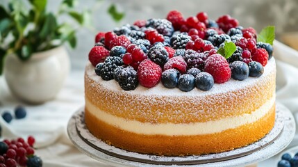 A vanilla cake with a layer of fresh berries and a light dusting of powdered sugar for sale