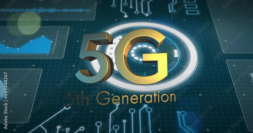 Poster 5g 5th generation text animation over digital circuit board background