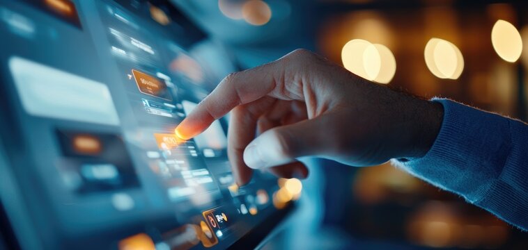 User interacting with a website prototype on a large touch screen, interactive design concept, user experience testing