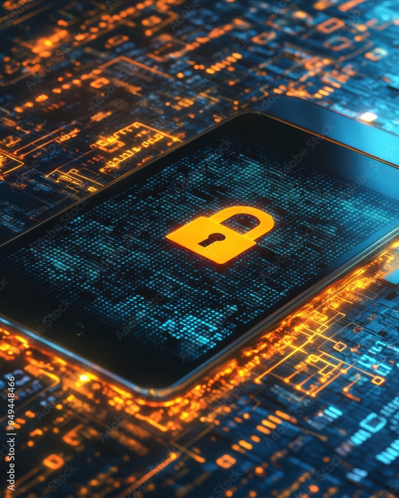 Poster smartphone with padlock icon above camera set, signifying protection technology, data security.