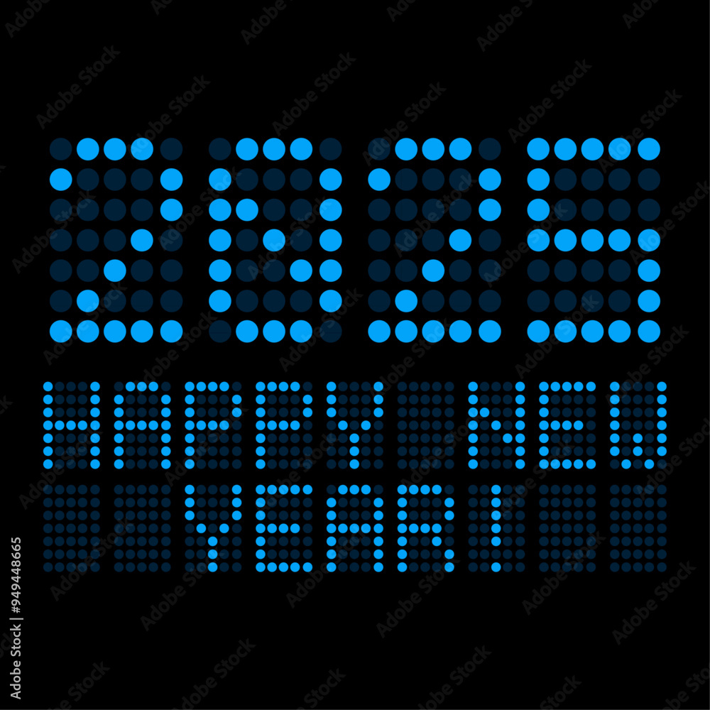 Aufkleber vector of a digital display shows the date of the new year 2025 and the message happy new year in bl
