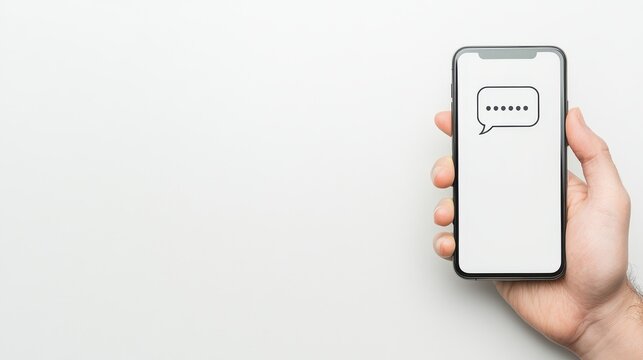 Hand Holding Smartphone with Chat Bubble Icon on White Background