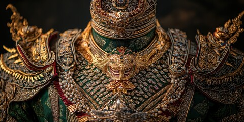 Close up of ornate Thai traditional costume with golden details and gemstones