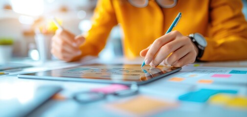 Close-up of a tablet showing a website prototype with drag-and-drop features, interactive design tools, user experience testing