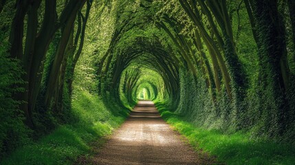 Fototapeta premium Walkway in a green spring beech forest in Leuven, Belgium. Beautiful natural tunnel. Atmospheric landscape. Eco tourism, travel destinations, environmental conservation, pure nature