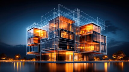 Modern blueprint overlaid on a partially constructed building, showing the designtoreality transition Blueprint overlay, construction progress