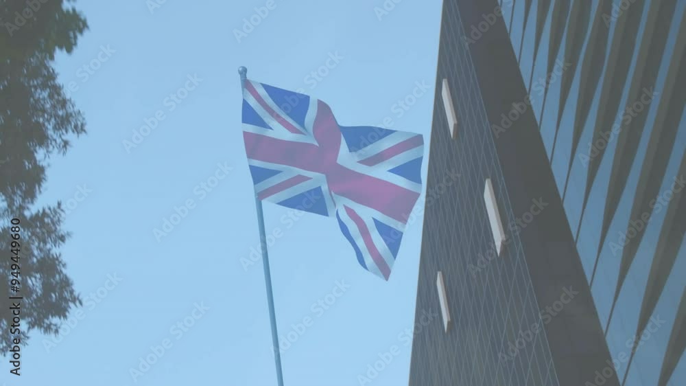 Poster union jack flag waving animation over modern building and tree