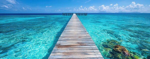 A long wooden pier reaching out over a crystalclear ocean