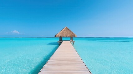 A long wooden pier with a thatchedroof hut at the end, set against a backdrop of clear blue sky and ocean, Tropical Escape, capturing the essence of a perfect island retreat