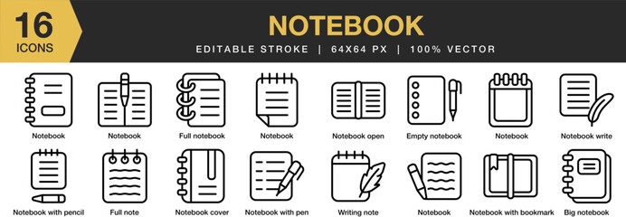 Notebook icon set. Editable Stroke Icon Collection. Includes  cover, pencil, pen, writing note, notebook, and More. Outline icons vector collection.