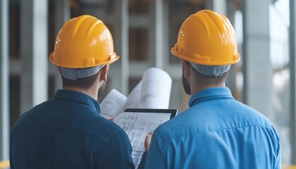 Engineers wearing hard hats reviewing blueprints on a tablet at a construction site Digital blueprint, construction technology