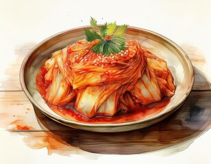 Korean kimchi close-up, watercolor illustration, traditional food