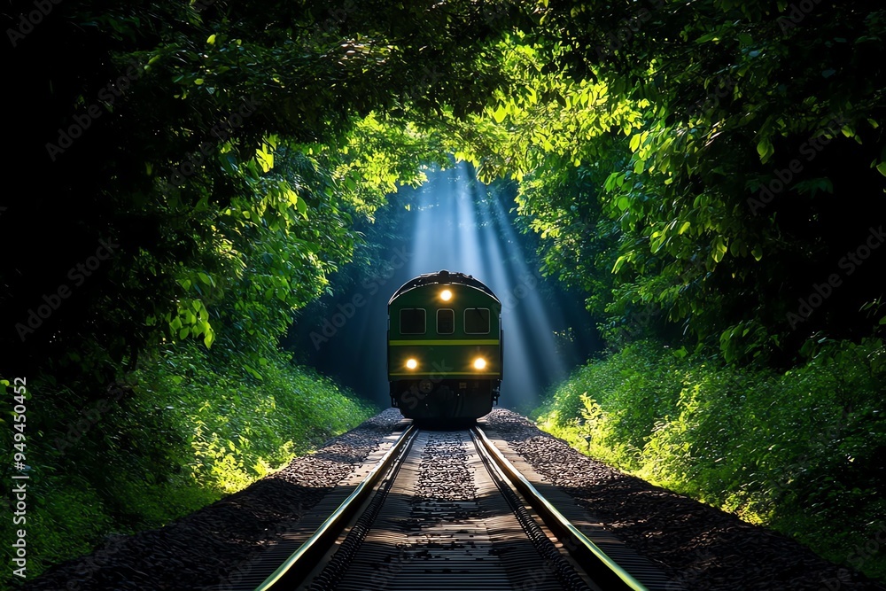 Poster steam train passing through a dense forest, captured in a photo where towering trees create a canopy