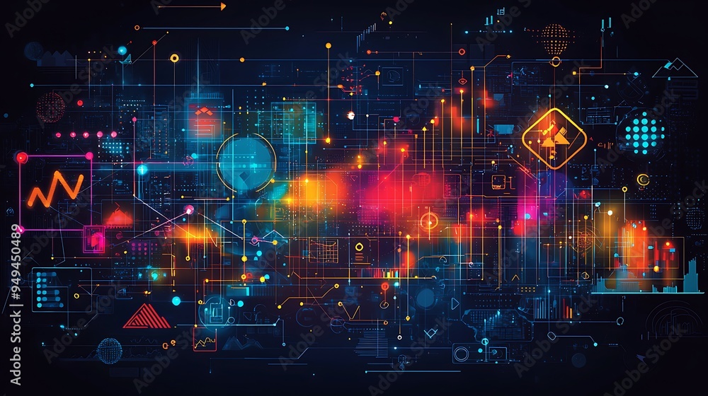 Poster a futuristic network interface background with abstract technology elements, alive with innovation.