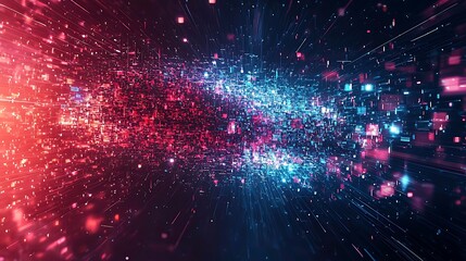 Fototapeta premium A cyberpunk glitch art scene with red and blue lights, evoking a futuristic, digital atmosphere.