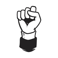 Obraz premium Raised Fist. Black and white cartoon hand drawn. Symbol of Solidarity and Strength