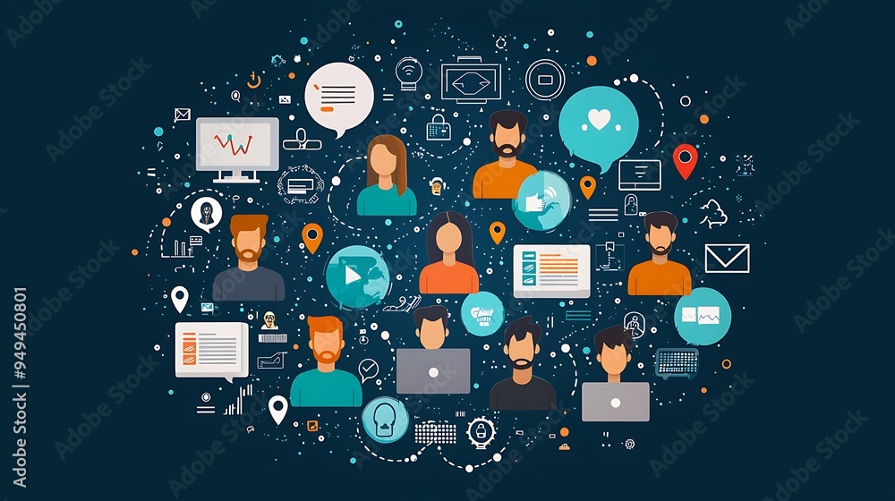 Poster a global network visualizes people connected by technology, a web of digital interaction.