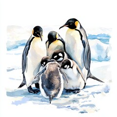 watercolor painting of a group of penguins huddling together on the ice, on isolated white background