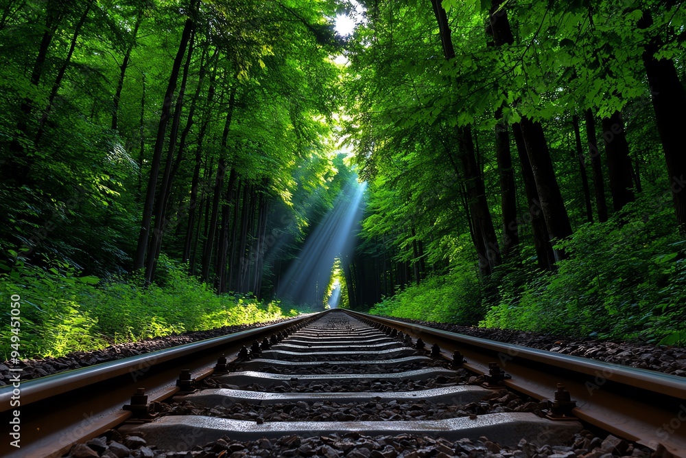 Poster steam train passing through a dense forest, captured in a photo where towering trees create a canopy