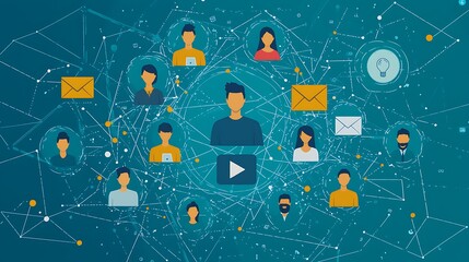 A social media network scene depicting online communication and the vast web of internet connections.
