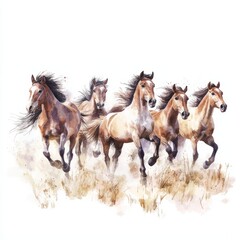 Obraz premium watercolor painting of a group of wild horses galloping across a field, on isolated white background