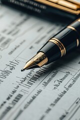 Closeup of Elegant Gold Trimmed Fountain Pen on White Paper with Ink Lines