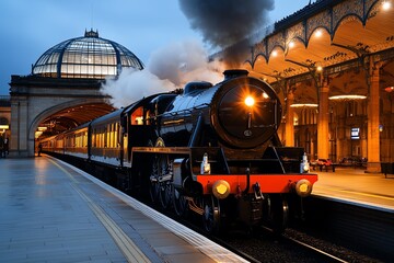 Steam train pulling into a grand station, captured in a photo where the trainâ€™s arrival is framed by the architecture of an ornate, historic railway station